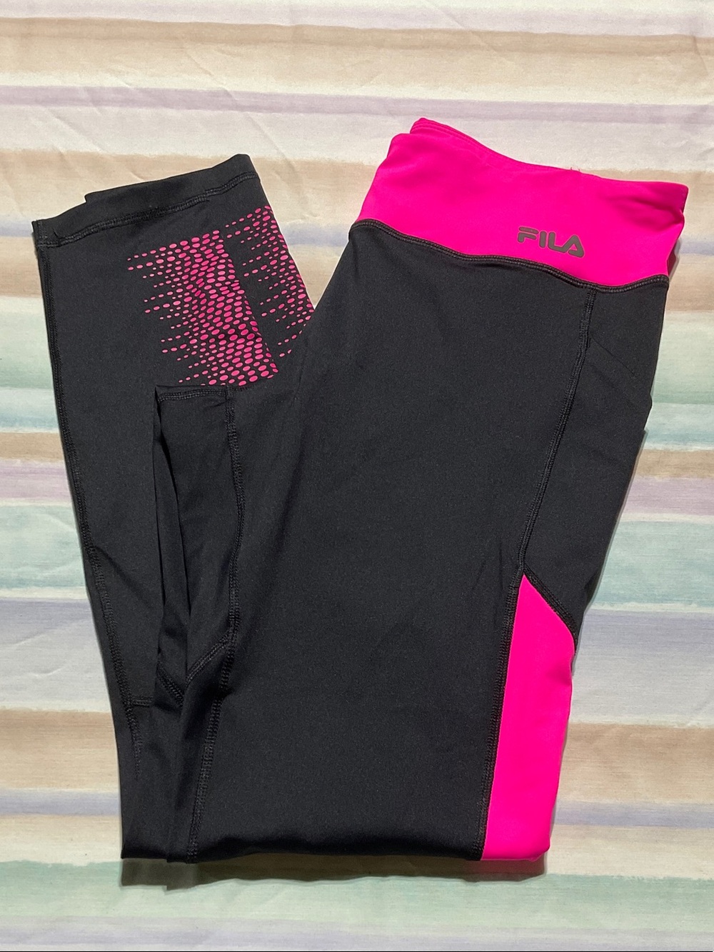 Fila Size L Black Leggings with Hot Pink Accents